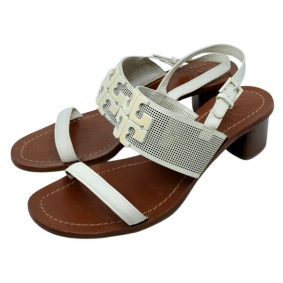 TORY BURCH~Lowell Perforated Sandal~IVORY NAPA LEATHER SLINGBACK HEEL SHOES SZ 8 - Picture 1 of 5